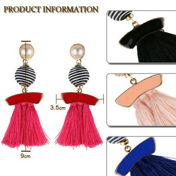 Black White striped Beaded & Tassel earrings - Picture 2 of 2